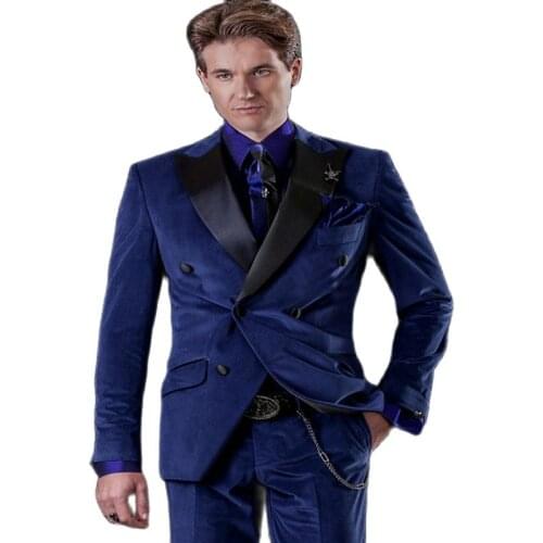 Double Breasted Blue Velvet Mens Coat Trousers Set Black Peal Lapel Groom Tuxedos Man Work Suit (Jacket+Pants+Tie) W:499