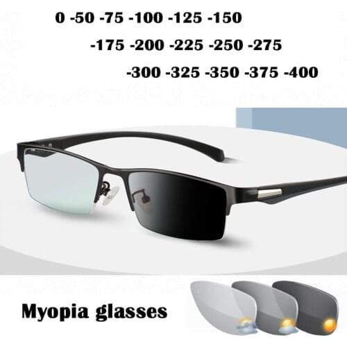 Men Glasses Myopia New Photochromic Flexible Nearsighted Glasses High Quality Ultralight Flat Mirror Black Half Rim 0 -50 -75