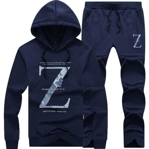 Autumn new pullover casual suit, stylish and comfortable large size mens letter print hooded suit Gray/blue/black