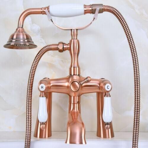 Deck Mount Claw-foot Bathtub Faucet Tub Filler Handheld Shower Antique Red Copper Brass Dual Ceramic Handles ana174