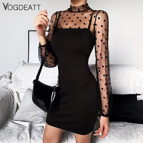 Sheer Mesh Splice Polka Dot Mini Dresses Woman Sexy Slim Bodycon Short Dress Long Sleeve Black Party Night Dress