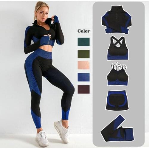 S-XL 5 Pcs Women Yoga Set Seamless Sportswear Fitness Bra Clothing Female Gym Suit Workout Running Clothes Leggings Sports Wear
