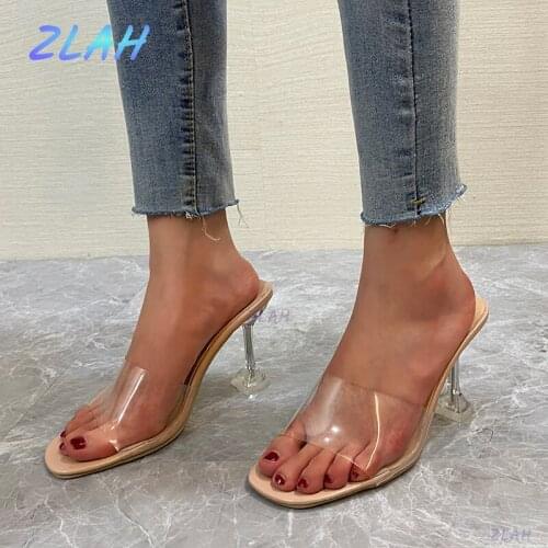 Womens Transparent High Heels Zlah Womens Square Head Sandals Summer Shoes Ladies High Heels Wedding Jelly High Heels Slippers