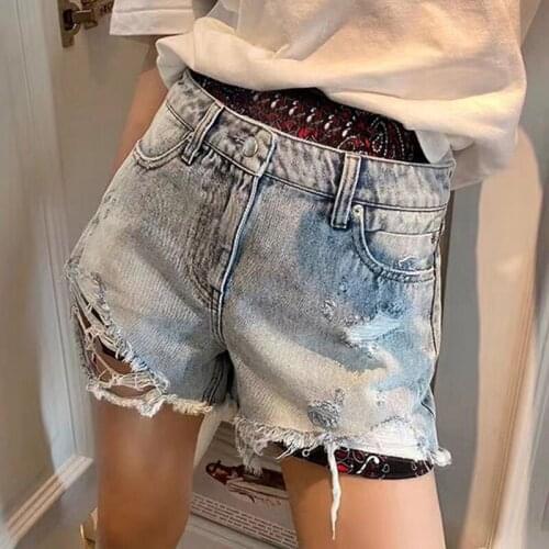 Casual Patchwork Print Women Shorts High Waist Vintage Ripped Hole Tassel Asymmetrical Short Pants For Female Tide