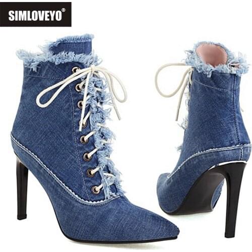 SIMLOVEYO 2021 New Autumn Design Denim Ankle Boots Pointed Toe Stiletto High Heel Lace Up Zip Fur inside Big Size 33-45 S2477