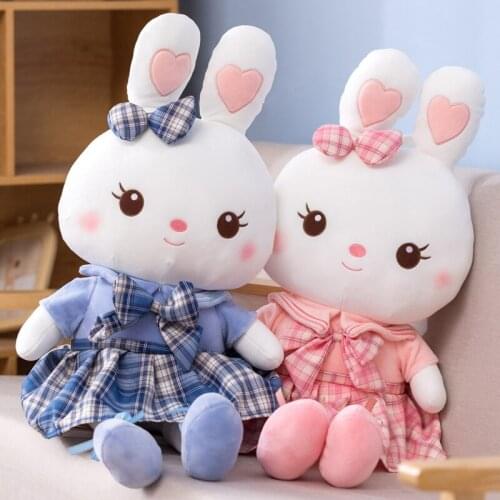 Cute creative grid skirt rabbit plush doll kawaii plush pink blue stuffed toy home office decoration holiday gift