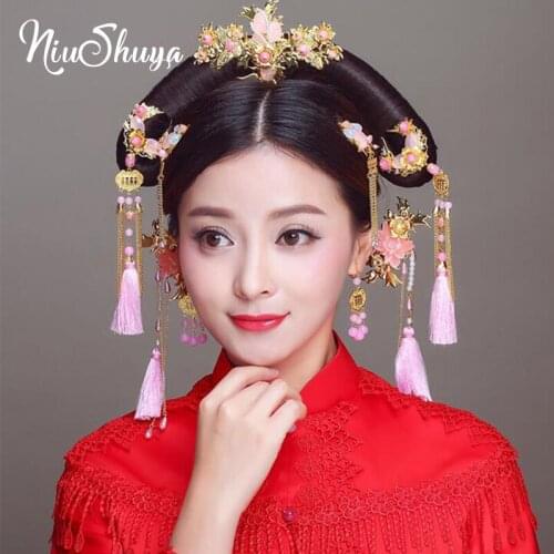 NiuShuya Traditional Chinese Pink Flower Bridal Hairpins Gold Long Tassel Wedding Bridal Jewelry Hair Accessories
