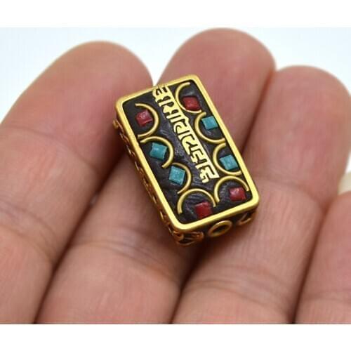 TZ008 Nepal Beads Handmade Tibetan Style Bead, Brass with Synthetic Coral Turkey stone Six-word Mantra Beads For Jewelry Making