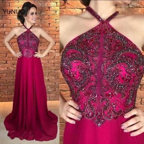 YUNUO Halter Sleeveless Sexy Prom Gowns Evening Formal Dresses Long Chiffon Beading Dresses Woman Party Night robes de bal