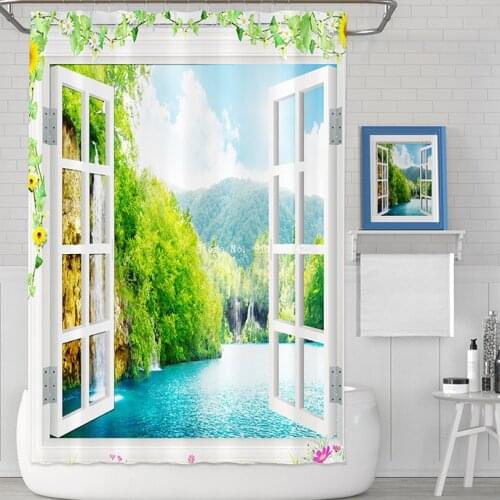 New 3D Digital Printing Shower Curtain Window View Waterproof and Mildewproof Polyester Home Decoration Shower Curtain