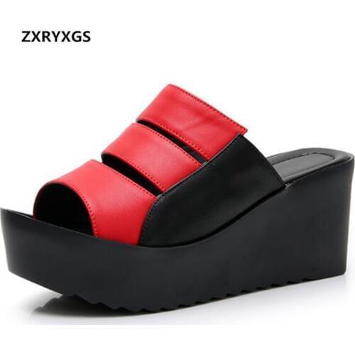 2020 New Mixed Colors Summer Leather Slippers Women Sandals Platform Wedges Slippers Fashion Shoes Woman Summer Sandals