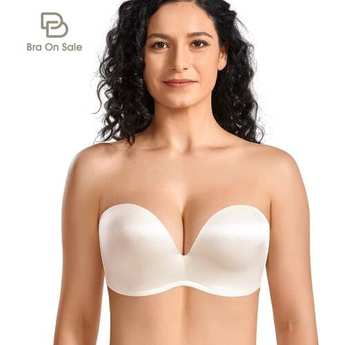 Womens Plus Size Floral Jacquard Padded Underwire Lift Support Plunge Strapless Bra