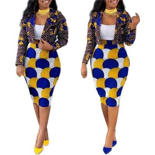 2Pcs Women Fashion and Elegance Outfits, Multicolor Print Lapel Long Sleeves Suit Jacket + High-Waist Knee-Dress for Ladies