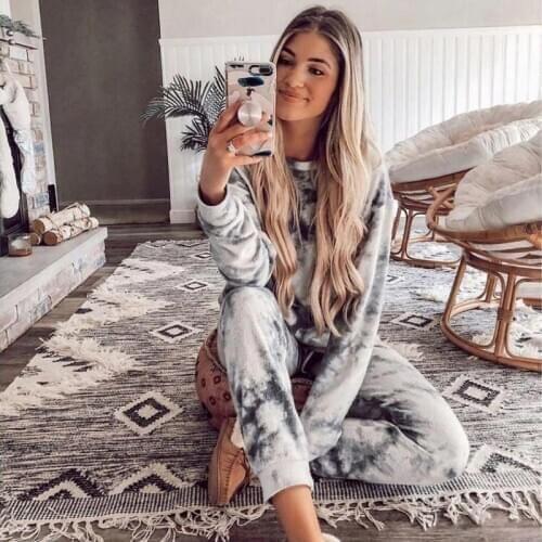 Women Pajamas Suit High Waist Sleep Pants And Hoodie Print Tie-Dye Two-pieces-sets Women Summer Full Length Casual Homesuit