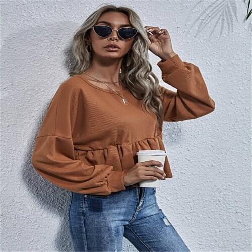 Spring Autumn Women Casual Long-Sleeve Loose Top Fashion Solid Color Ruffles Patchwork Pullover O-Neck T-shirt