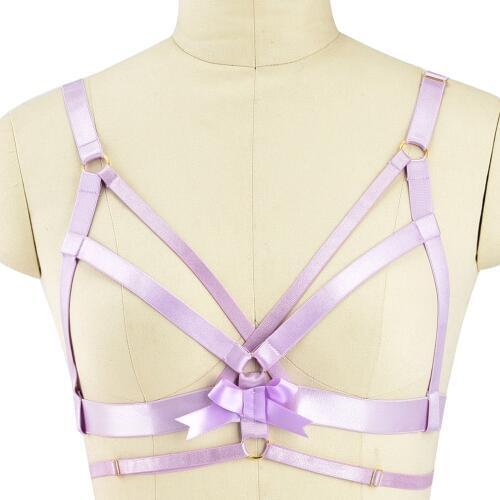Women Sexy purple Bow Gothic Body Harness Gold Accessories Adjustable Crop Top Cage Pole Dance Bondage Harness Stockings Belt