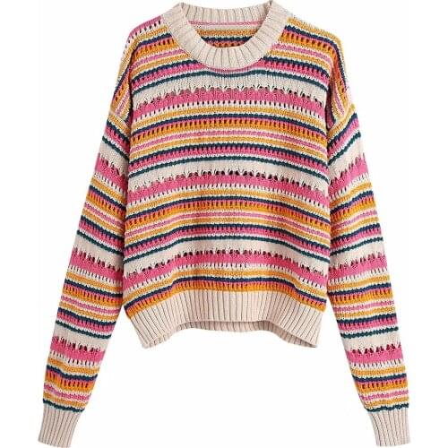 2021 Women Knitted Vintage Round Color Stripe Cute striped Lose Sweater Girl Sweet Casual Pullover Female Raglan Sleeve Chic Top