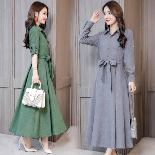 Cotton Linen Shirt Dresses Female 2020 Autumn Shirt Sleeve Elegant Dress Cold Wind Slim Long Sleeve Big Swing Vestidos New Z670