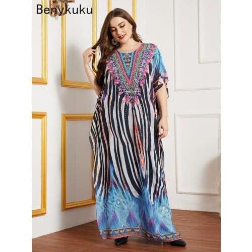 Women Casual Batwing Sleeve Floral Print Chiffon Dress African Dashiki Loose Abaya Kaftan Ramadan Robe Moroccan Gown Maxi Dress