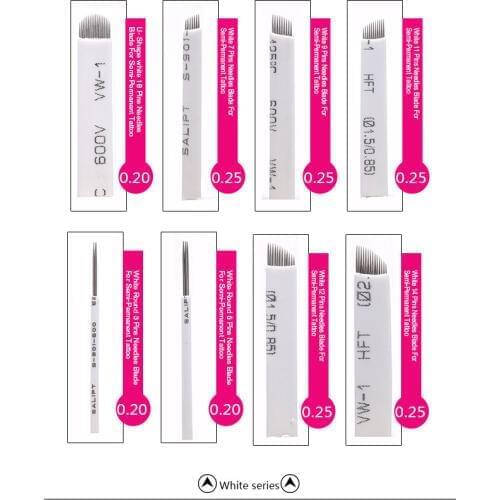 100 pieces Disposable Goods Make up Tattoo Blade Needles White Series 0.20 and 0.25 mm thickness 8 different Pins for eyebrow