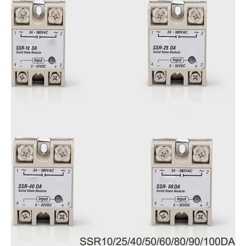 10A/25A/40A/50A/60A/75A/90A/100A SSR Single-phase Solid State Relay DC-AC Input 3-32VDC Load 24-380VAC