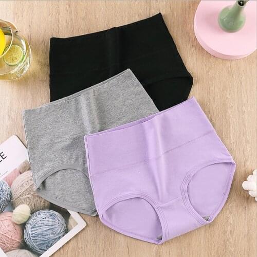 3/5PCS High Waist Solid Cotton Panties Breathable Honeycomb Crotch Underwear Plus Size Briefs Lingerie Women