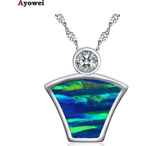 Ayowei Happy party gift For girl Blue with green fire opal silver plated stamped Necklace Pendant Fashion Jewelry OP790A