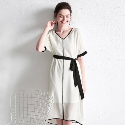 White Chiffon Black Fillets Silk Crepe Dresses Women 2021 Summer Long Casual Sexy Office Work Daily Dress Plus Size Slim A Line