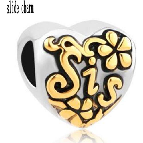 Free shipping Fit Pandora charm bracelets Heart Love Gold Sis Alloy Bead Charms For Bracelets Beads for jewelry making