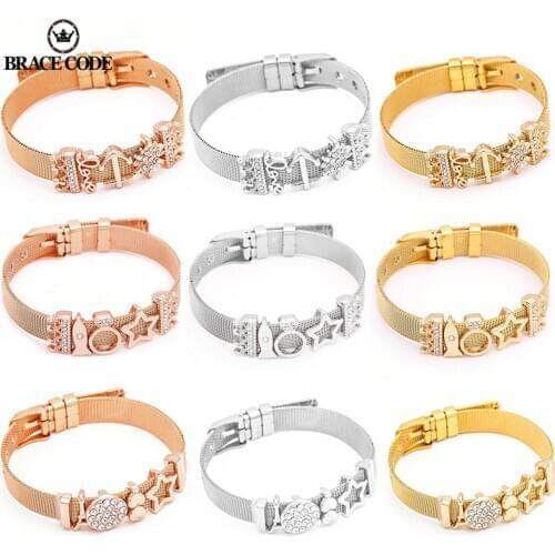 BRACE CODE Rose Gold Color Stainless Steel Mesh Bracelet Set European Women Charm Fine Bracelet Bangle for Woman Jewelry Gifts