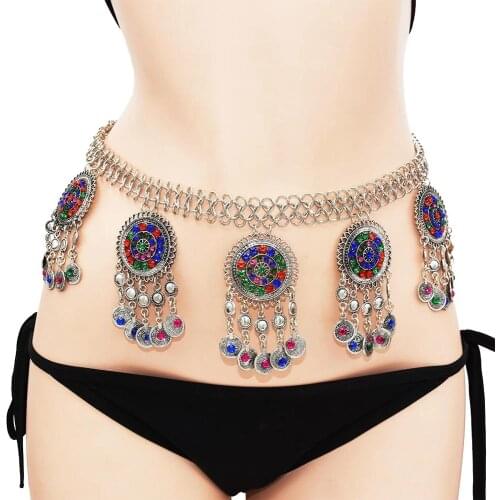 Gypsy Ethnic Girls Belt Waist Chains ColorfulCrystal Stone Coin Tassel Belly Dance Body Chains Turk Indian Body Chains Jewelry