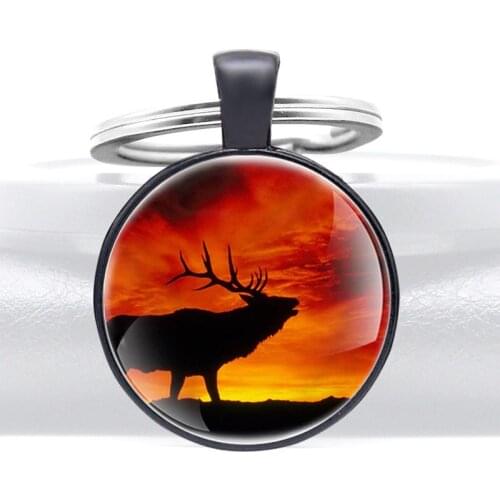 Elk In The Sunset Design Glass Dome Unique key Chains Men Women Key Ring Jewelry Gifts
