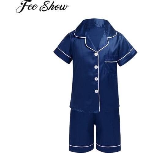 FEESHOW Nightwear Unisex Kids Boys Girls Clasic Silk Pajamas Outfit Short Sleeve Tops with Shorts Sleep Set Sleepwear Loungewear