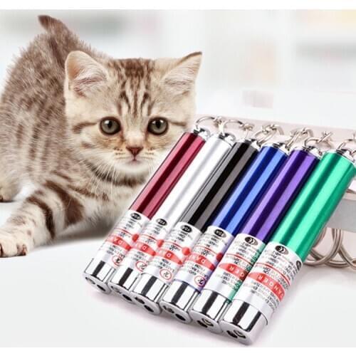 LED Torch Red Lazer Pointer 2× Toy Mini 3 in1 Cat Pet Laser Pen Keychain