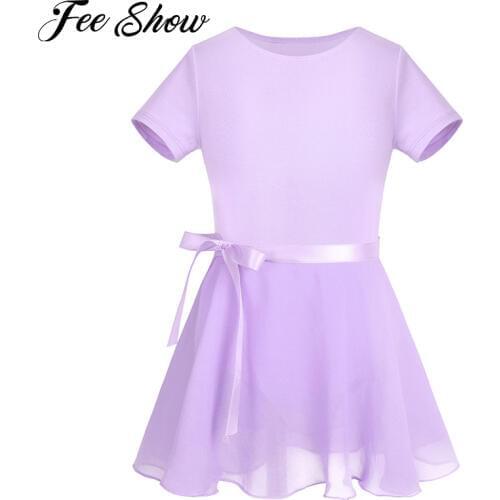 Girls Cotton Short Sleeves Ballet Dancewear Beautiful Ballet Dance Gymnastics Leotard with Chiffon Tied Skirt Outfit Set SZ 2-12