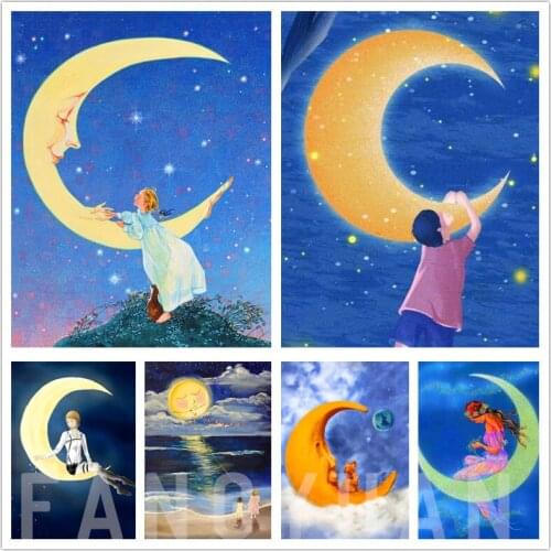 Full Square Round 5D Diamond Painting Moon Girl Portrait Diy Sort Rhinestone Embroidery Cross Stitch Mosaic Home Decoration