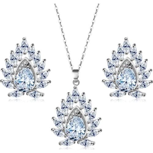 Women Fashion Jewelry Waterdorp Crystal Filre Shape Design Pendant Necklaces Earrings Sets For Bridal Jewelry Sets Wedding Gift