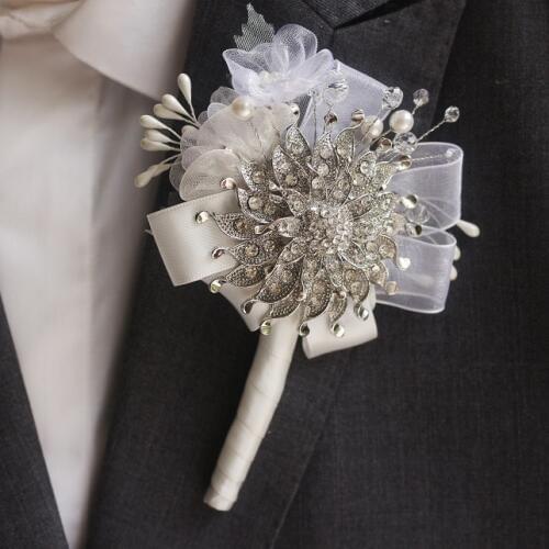 Handmade groom corsages, bestman lapel flowers,silver brooch & chiffon crystal pearl wedding tuxedo accessories groom boutineer