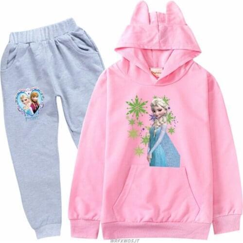 Hot Kids Girls 2 Piece Cartoon Frozen Elsa Clothes Autumn Hoodies Set Tracksuit Long Sleeve Hooded Sweatshirt + Long Trackpants