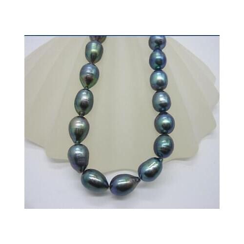HUGE 18" 9-10MM NATURAL TAHITIAN BLACK PEARL NECKLACE 14k