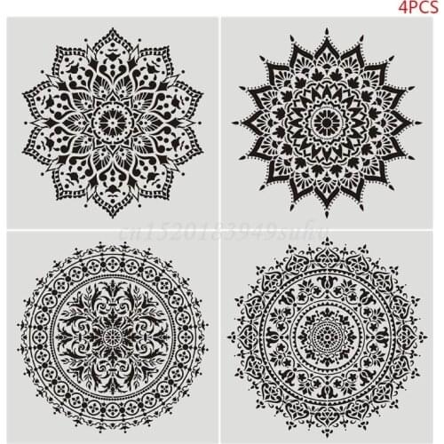 OOTDTY 4pcs Flower Stencil Wall Painting DIY Drawing Template for Floor Tiles Funiture