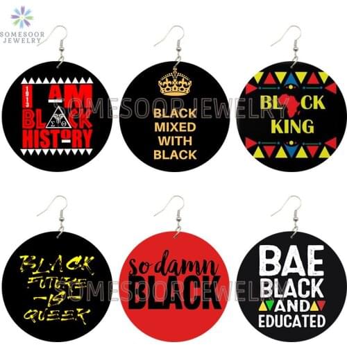 SOMESOOR Sodamn Black Queen Printed African Wooden Drop Earrings BAE Educated King Loops Pendant Dangle Jewelry For Women Gifts