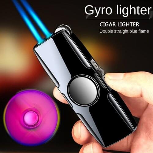 2021 New Fingertip Top Lighter Double Direct Attack Fashion Blue Flame Windproof Personalized Rotary Top Inflatable Lighter Cust