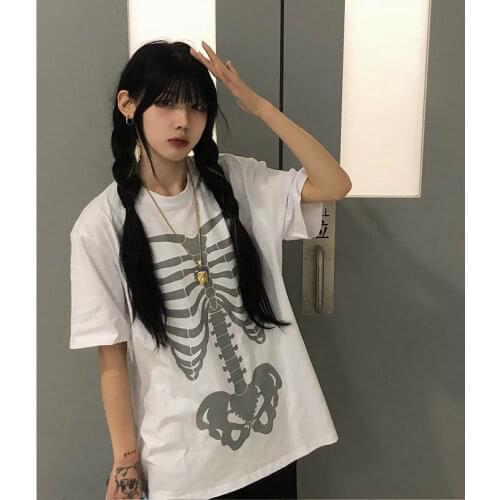 Dark Skull Bones Heart and Lung Print Funny Skull T-shirt Ladies Punk Top Summer Short Sleeve Streetwear T-shirt Femme