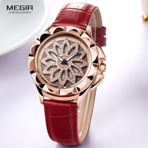 MEGIR Womens Analogue Quartz Watches Fashion Red Leather Strap Flower Dial Wrist Watches Man Luminous Hands 2059LRERE