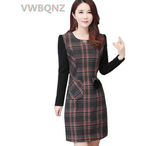 Women Plaid Woolen Dresses 2019 Autumn Winter New O neck Slim Sleeveless Dress Large size Casual Female Thicken Woolen Dress 4XL