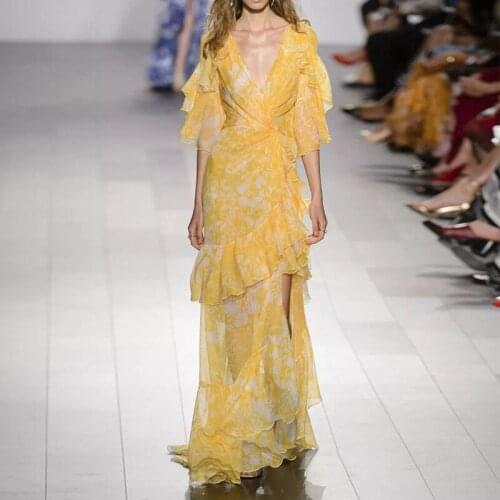 Summer dress female floral print palace style high-end French yellow print ruffle and ankle long dress woman