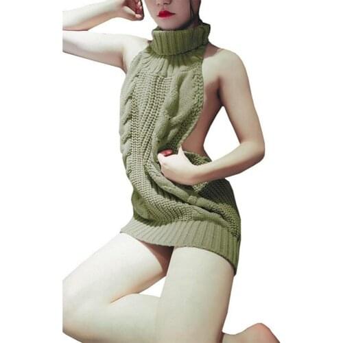 80% 2021 New Women Sexy Backless Sleeveless Turtleneck Pullover Knit Sweater Cosplay Dress