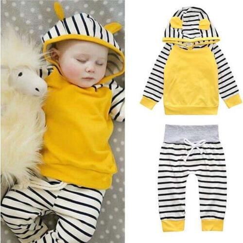 2Pcs/set Baby Girl Clothes Set Stripe Hooded Tops T-shirt Pants Cotton Girls Outfits Casual Baby Clothing Tracksuits Costume