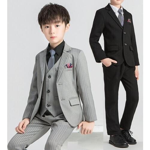 2020 Classic Grey Stripes Boy Suit 3 Pieces Slim Fit Child Prom Wedding Suits Blazer Kid Tuxedo for Wedding (Jacket+Pants+Vest)